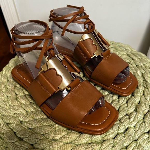 NWOB Tory Burch Gemini Link Lace Up Wrap Flat Royal Tan/Gold Leather Sandals - Picture 3 of 12